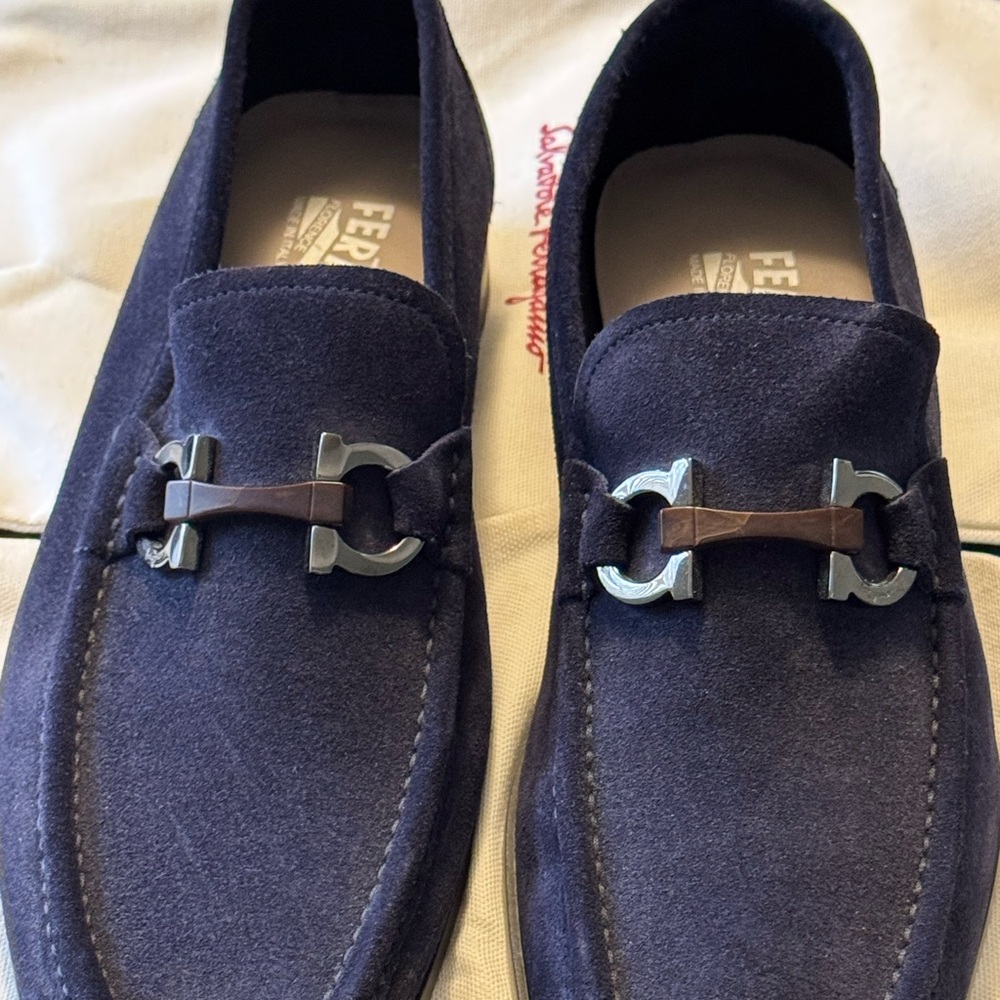 Salvatore Ferragamo Men's Loafers in Navy with Silver Accents
